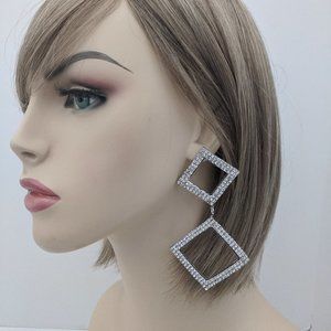 Diamond Bling Drop Earrings Bling Long Big Silver